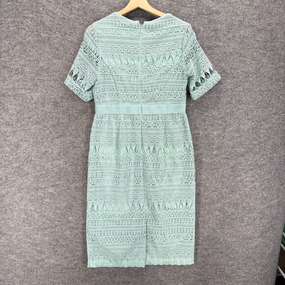 Eva Mendes Dress Women M Medium Blue Geometric Crochet Sheath Midi Zipper Lined - Picture 2 of 8